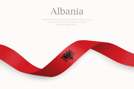 Albania flag on Waving ribbon. Template for independence dayのイラスト素材