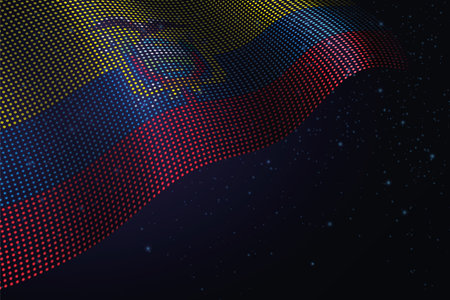Ecuador digital flag made of dots, waving over a starry dark backgroundのイラスト素材