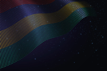 Mauritius digital flag made of dots, waving over a starry dark background