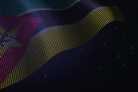 Mozambique digital flag made of dots, waving over a starry dark backgroundのイラスト素材