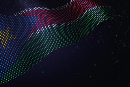 South Sudan digital flag made of dots, waving over a starry dark backgroundのイラスト素材