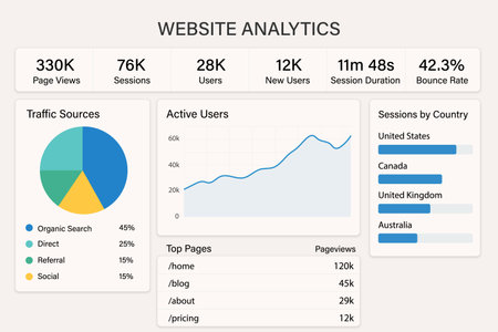 Powerful website analytics dashboard revealing traffic origins and evolving visitor trends.のイラスト素材