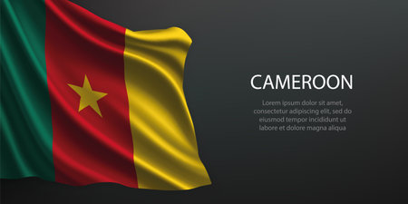 Cameroon national flag with ripples and shadows on a gradient black backdropのイラスト素材