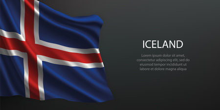 Iceland national flag with ripples and shadows on a gradient black backdropのイラスト素材