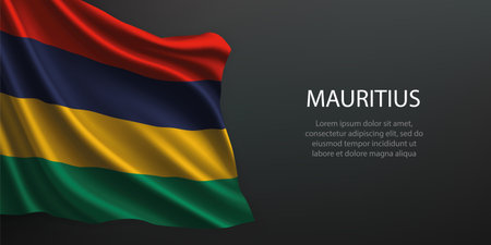Mauritius national flag with ripples and shadows on a gradient black backdropのイラスト素材