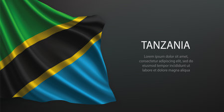 Tanzania national flag with ripples and shadows on a gradient black backdropのイラスト素材