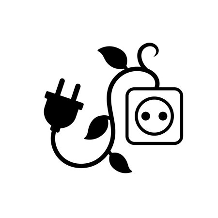 Sustainable energy concept showing a leafy electric plug connecting to a wall socket.のイラスト素材