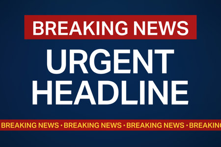 Modern breaking news alert design with headline and scrolling banner in red and blue.のイラスト素材