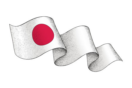 Japan national flag waving ribbon shape with engraved vintage textureのイラスト素材