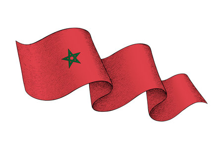 Morocco national flag waving ribbon shape with engraved vintage textureのイラスト素材