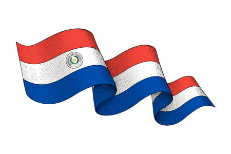 Paraguay national flag waving ribbon shape with engraved vintage textureのイラスト素材