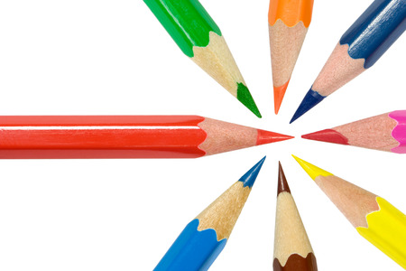 Multi-coloured pencils on a white backgroundの写真素材