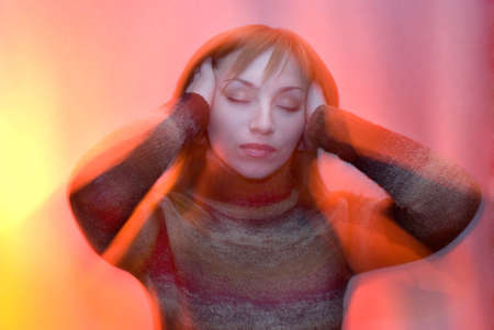 Headache, heat, migraine Condition of the person  during illness  in the art form の写真素材