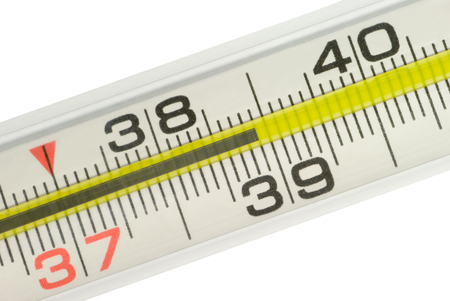 Thermometer (shows high temperature). A scale and figures. Isolated over white.の写真素材
