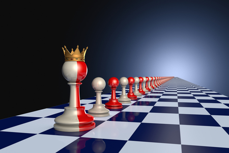 Red and gray pawns on a chessboard. Artistic dark blue background.の写真素材