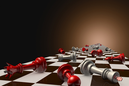 Red and gray pawn on the chessboard (lie randomly). Dark artistic background.の写真素材