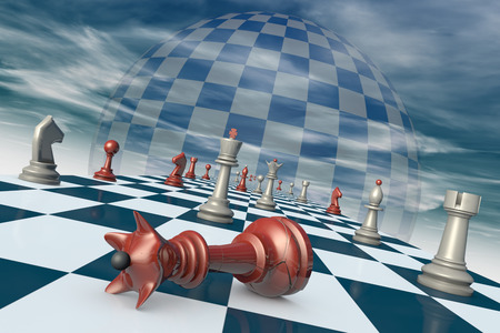 Chess pieces on a chessboard long (fantastic background).の写真素材