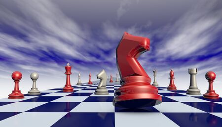 Chess pieces on a chessboard long fantastic background.の写真素材