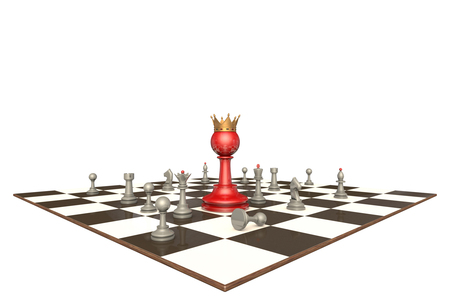 Many chess pieces and red pawn-king on a white background isolation.の写真素材