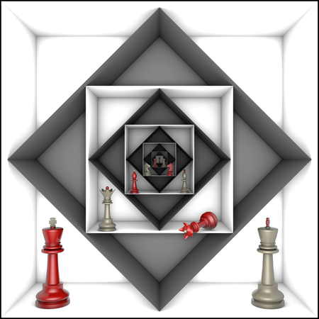 Red and gray chess pieces in black and white tunnels.3d image.の写真素材