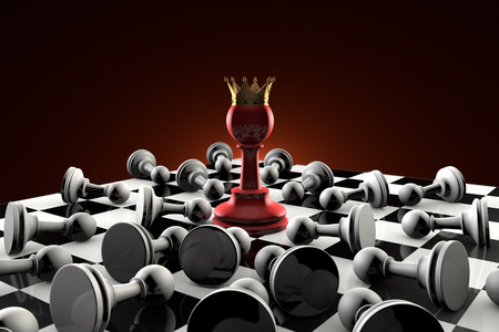 The dramatic art of chess composition. Red pawn queen in the center of the composition. Many gray obedient pawns. Artistic dark background. 3D-image.の写真素材