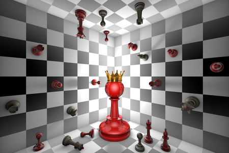 Big red pawn and a golden crown. Closed chess space. Many small chess.の写真素材