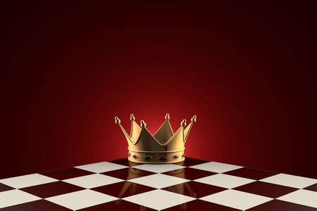Gold crown on the chessboard. Dark red artistic background.の写真素材