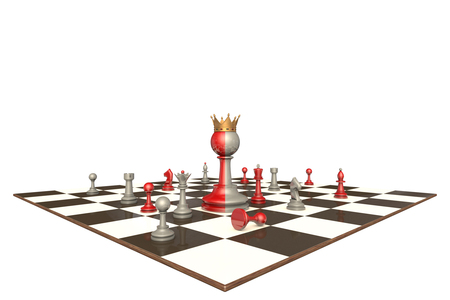 Chess drama on a white background isolation. In the center of a two-faced king.の写真素材