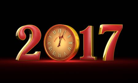   New Year 2017. Christmas. Red and gold figures, midnight.  Fabulous clock. Available in high resolution and several sizes to fit the needs of your project. 3D illustration, rendering.の写真素材