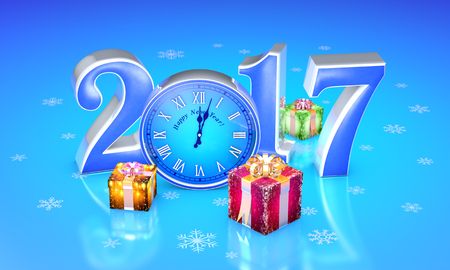 New Year. 2017. Beautiful christmas gifts, clock. Available in high-resolution and several sizes to fit the needs of your project. 3D illustration rendering.の写真素材