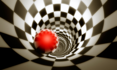 Illusion of freedom (predeterminmation). Red ball in a chess tunnel (concept image). The space and time. 3D illustration.の写真素材