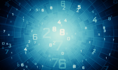 Numerology. Magic Tunnel (secret knowledge about the numbers). Esoteric background with numbers. Soft focus and depth of field. 3D render.の写真素材