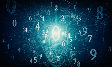 Numerology. Black hole (secret knowledge about the numbers). Esoteric background with numbers. Soft focus and depth of field. 3D render.の写真素材