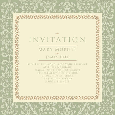 Invitation with a rich background in Renaissance style. Template framework Wedding invitations or announcements with vintage background artwork. Ornate damask backgroundのイラスト素材