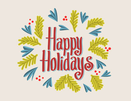 Happy Holidays vintage greeting card with christmas tree branches.のイラスト素材