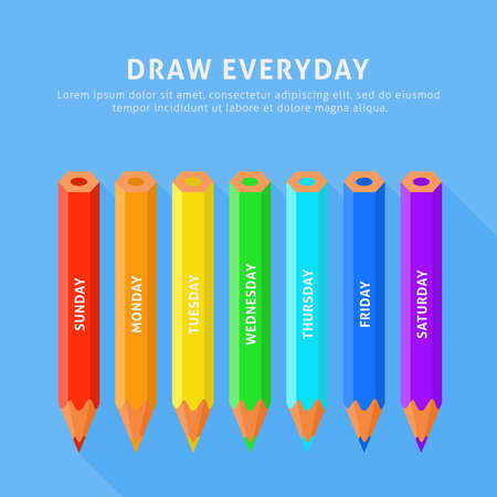 Vector illustration of seven color pencils for everyday. Flat style on a blue backgroundのイラスト素材