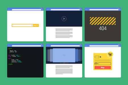 Set of Flat Style browser windows with content. Page 404, page code, form paymen, photo slideshow, search bar, video playerのイラスト素材