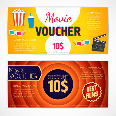 Illustration for Discount voucher movie template, cinema gift certificate, coupon template. design - Royalty Free Image