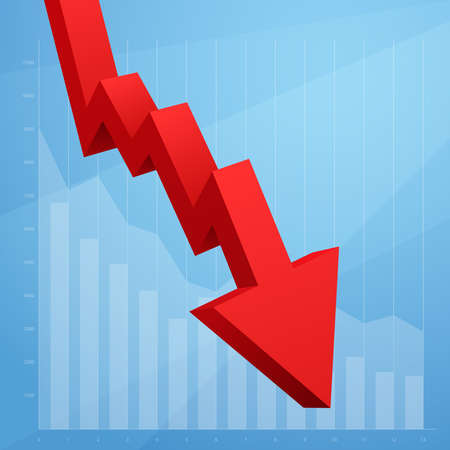 Red arrow graph going down isolated on white background. Vector illustrationのイラスト素材