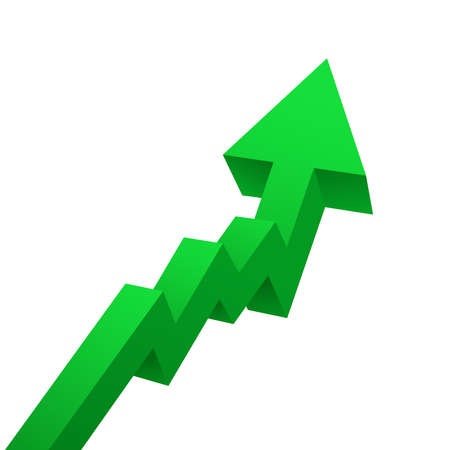 Green arrow graph rises upwards isolated on white background. Vector illustrationのイラスト素材