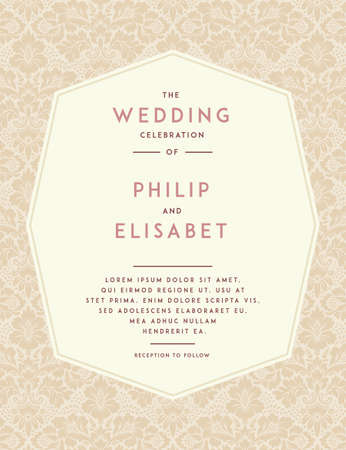 Wedding Invitation template. Vintage design. Wedding Invitation design with damask abstract background. Tradition decoration for wedding. Vector illustrationのイラスト素材