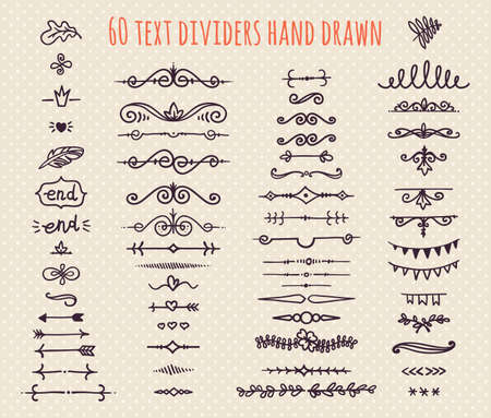 Set of hand drawn text dividers isolated on light background. Old paper Decoration. Vector vintage ornament for design text books, greeting cards and invitationsのイラスト素材
