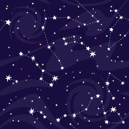 Seamless pattern of constellations on black background. Astronomical cosmos pattern