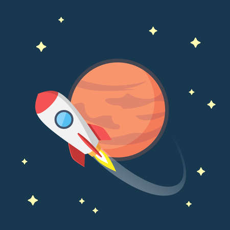 Flat Design Vector illustration of Rocket flying in Space around the Marsのイラスト素材