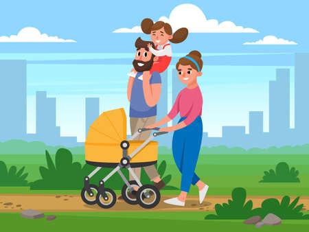 Happy Family walking in the Park on background of buildings. Flat Vector illustrationのイラスト素材