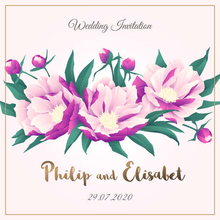 Vintage Wedding Invitation template with peonies. Vector illustrationのイラスト素材