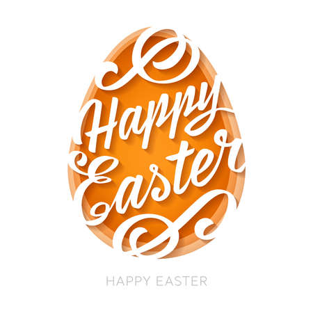 Abstract paper cut illustration of egg with happy easter calligraphy on white background. Happy easter greeting card templateのイラスト素材