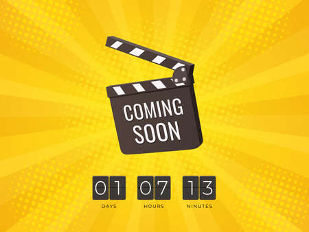 Coming Soon Clapper board with Flip Countdown Clock on yellow background. Design concept for sale, business advertising, web, promotion announce tag. - Vector Illustrationのイラスト素材