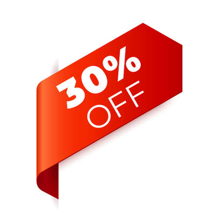 Red Vector Banner Ribbon on white background, left bookmark. 30 percent offのイラスト素材