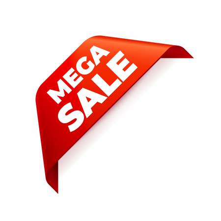 Red Vector Banner Ribbon on white background, corner ribbon. Mega Saleのイラスト素材